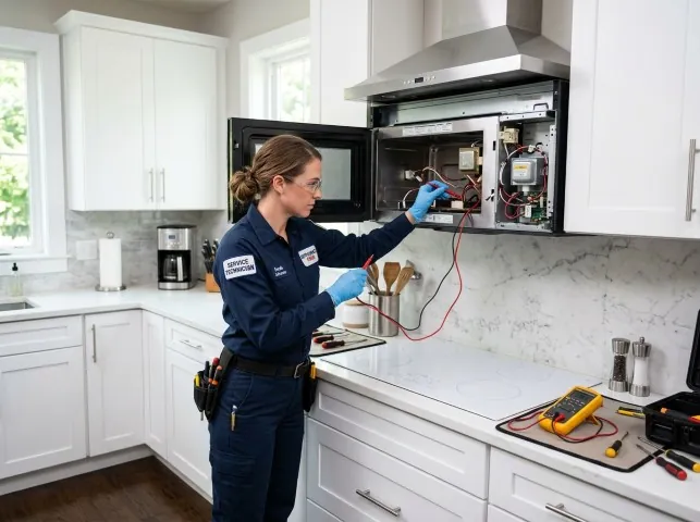 Appliance Repair Hero technician testing an over-the-range microwave in a Beverly Hills, FL kitchen
